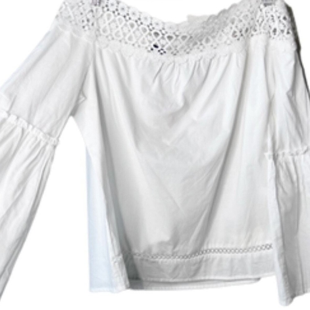 Francescas‎ NWT White Cotton Off Shoulder Crochet Lace Bell Sleeve Poplin Top M - Picture 3 of 8